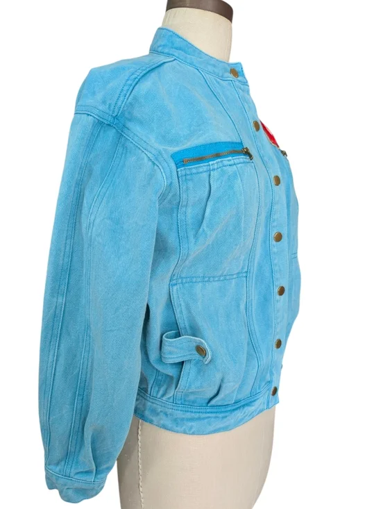 ELF SACK Turquoise Cotton Denim Jacket With Embroidered Cherries. Medium. - Picture 5 of 16